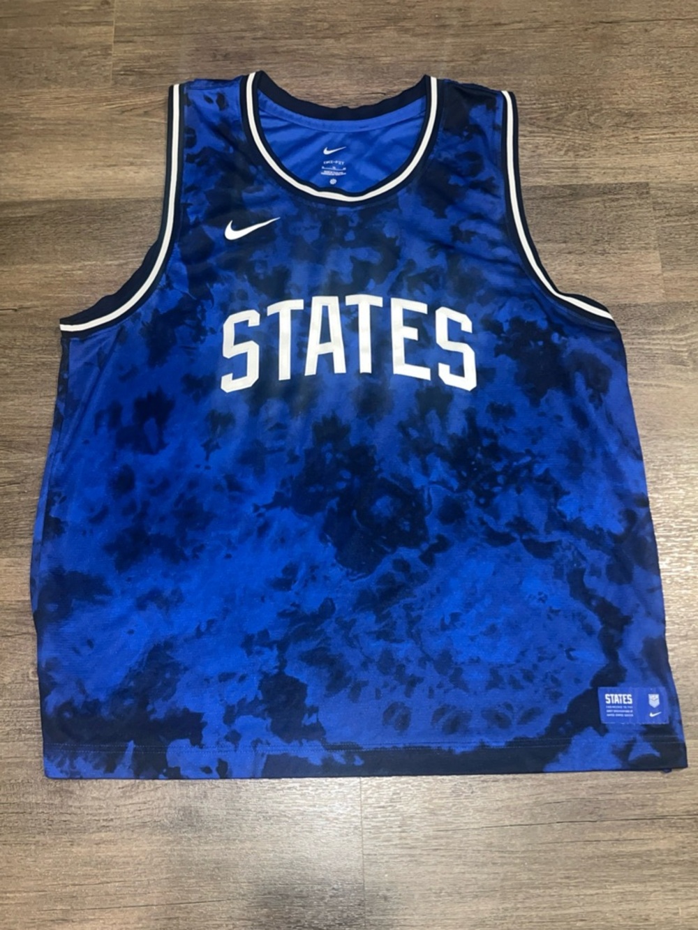 Nike Dri Fit Blue and Black Tie-Dye STATES Basketball Jersey